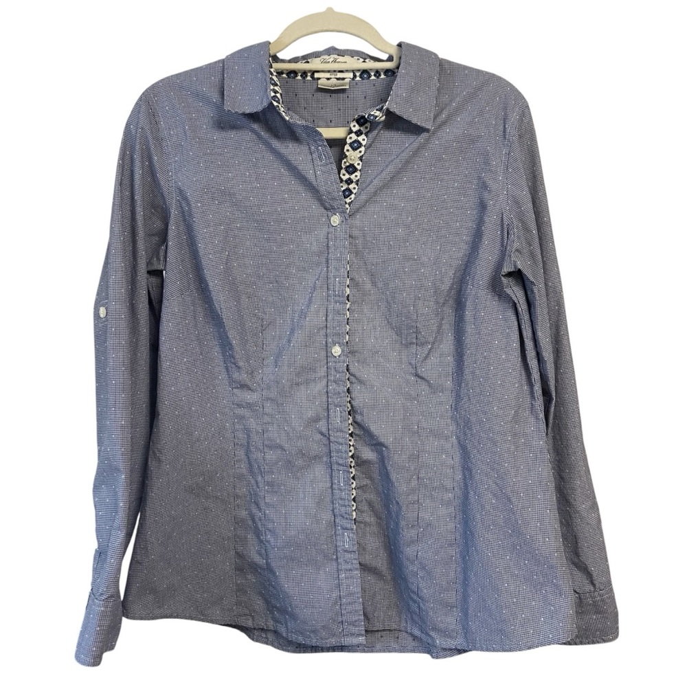 Van Heusen Women’s Navy And White Houndstooth Fitted Button Down Shirt Size L